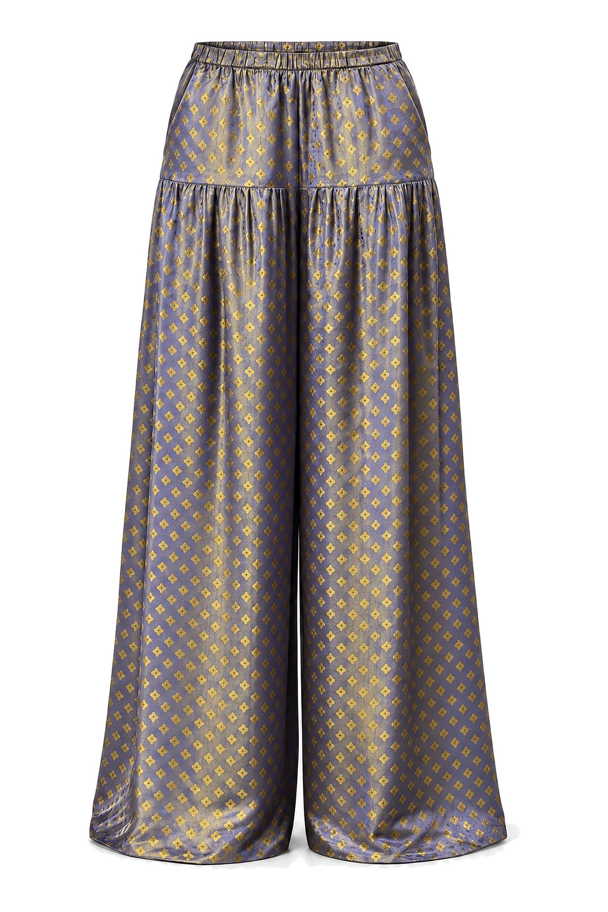 Portia Dusk Gold blue-violet silk jacquard wide-leg trousers with small gold flower motif, front view on white