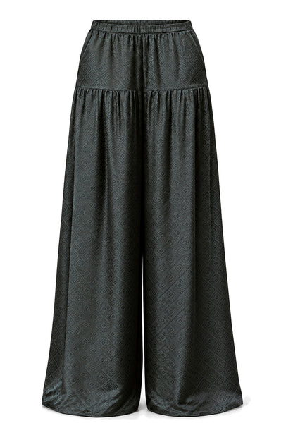 Portia Khaki Diamond silk jacquard wide-leg trousers with gathered yoke and elasticated waist, front view on white