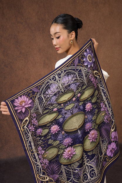 Model holding open the midnight purple water lily wool silk scarf to show the full design