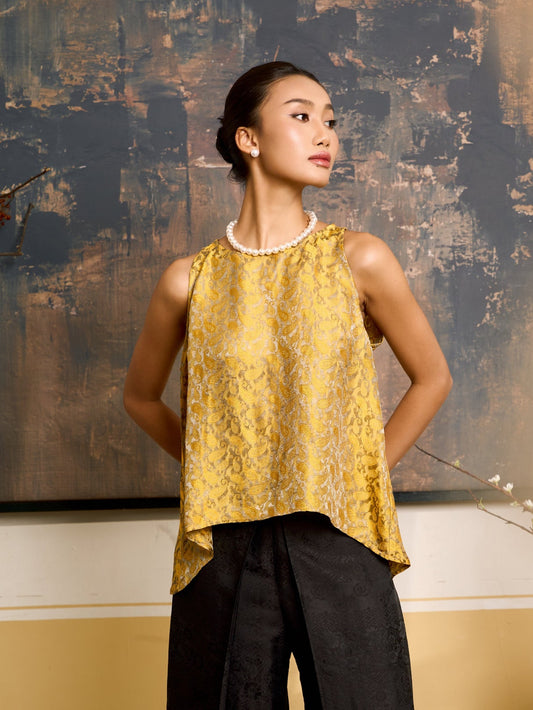 Model wearing the Ophelia golden eclipse draped silk shell top