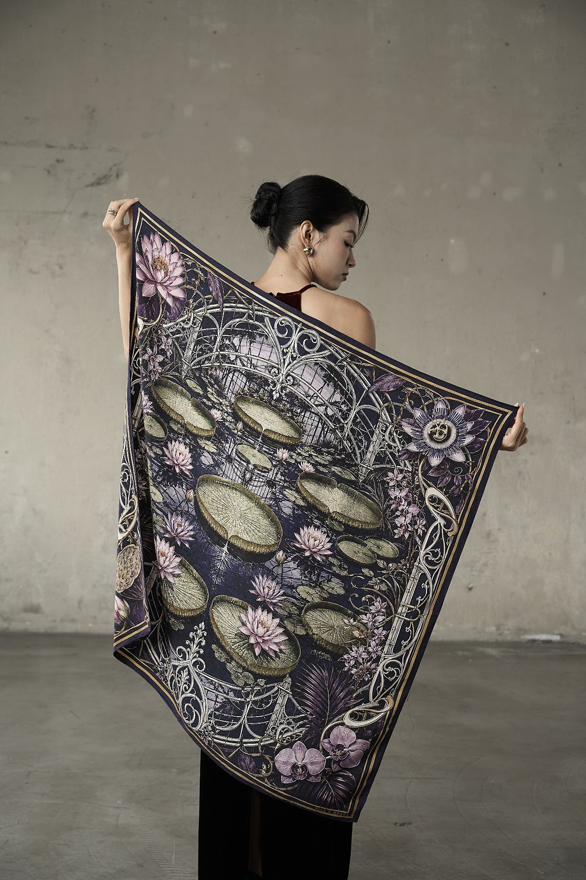 Waterlily House at Night Wool Silk Scarf – Double-Sided Print, Hand-Rolled Hem