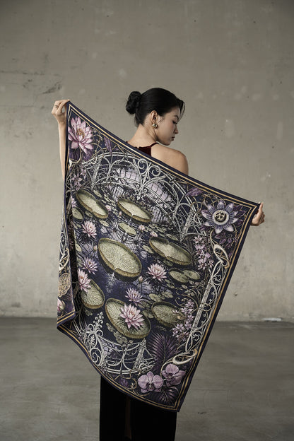 Waterlily House at Night Wool Silk Scarf – Double-Sided Print, Hand-Rolled Hem