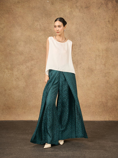 Back view of the Ophelia teal dynasty wide-leg silk palazzo trousers