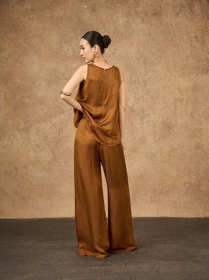 Side view of the Ophelia bronze gold wide-leg silk palazzo trousers