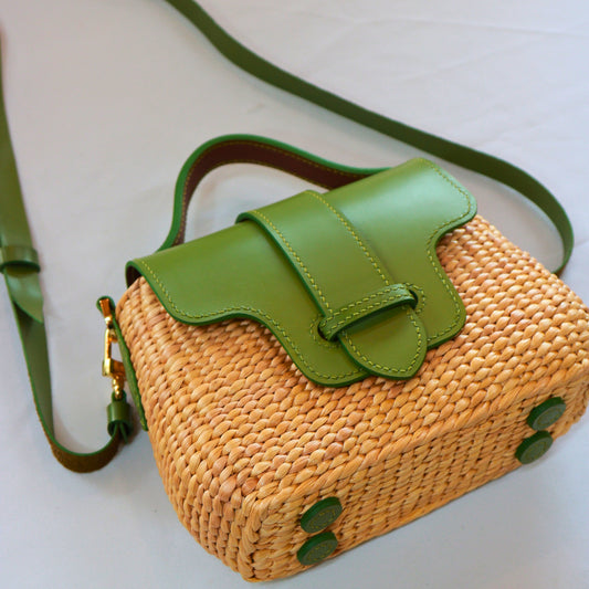 Muse Bag – Handwoven Water Hyacinth | Olive Green Leather Trim
