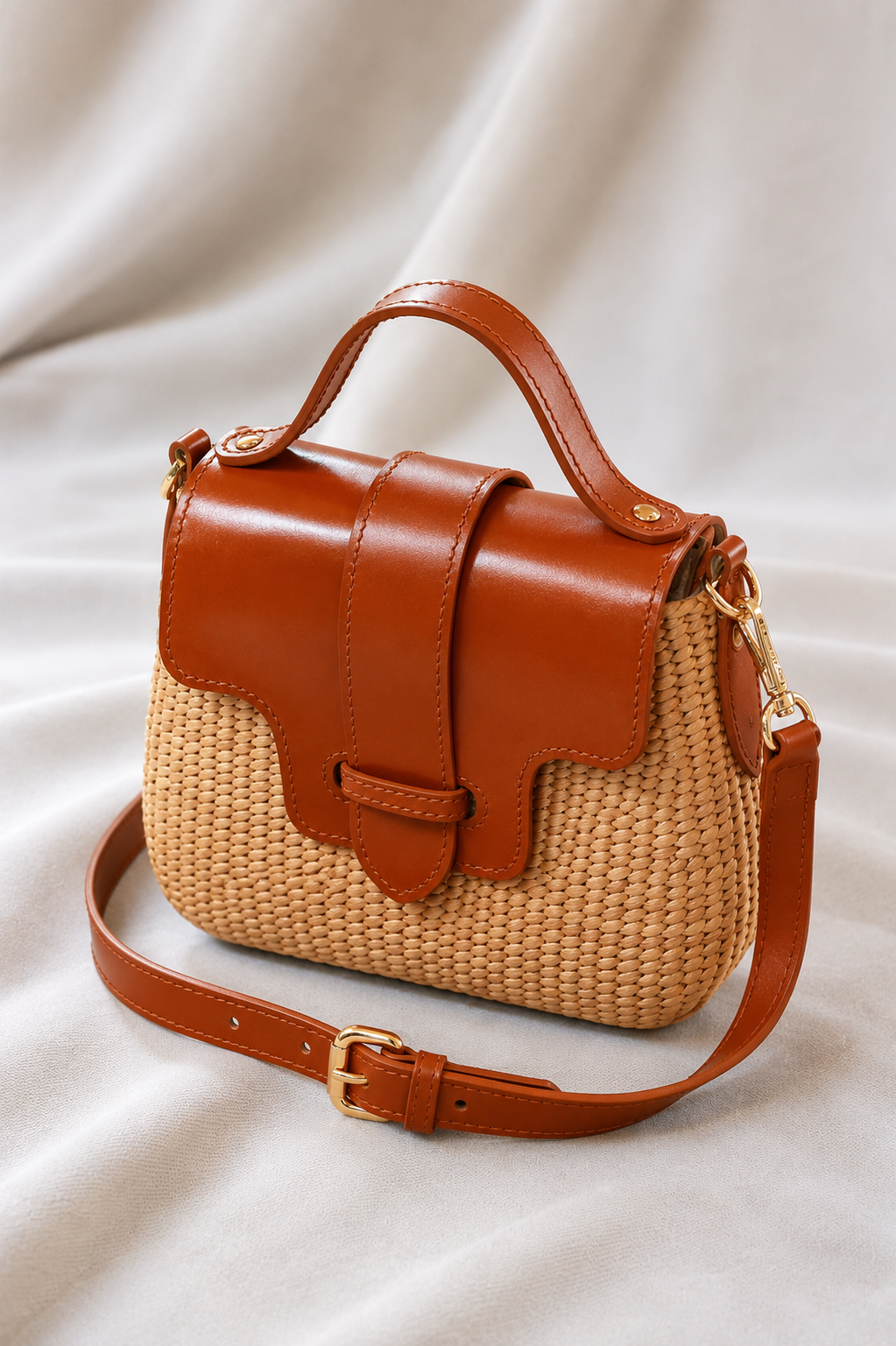 Muse Bag – Handwoven Water Hyacinth | Tan Leather Trim