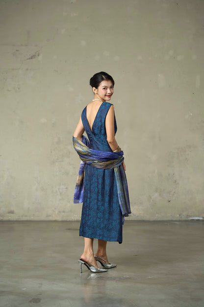 Three-quarter view of the Iris Field hand-dyed silk scarf, showing where the colours bleed into one another