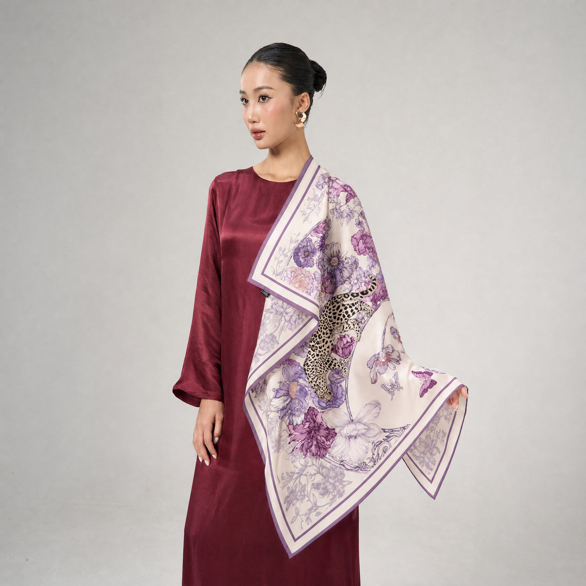 Lilac & Violet Leopard Silk Twill Scarf – Printed Mulberry Silk, Gift for Her
