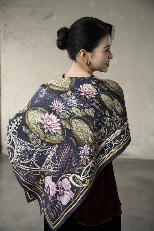 Waterlily House at Night Wool Silk Scarf – Double-Sided Print, Hand-Rolled Hem