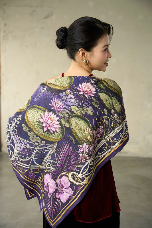 Back view of the Waterlily House at Night wool silk scarf draped over the shoulders