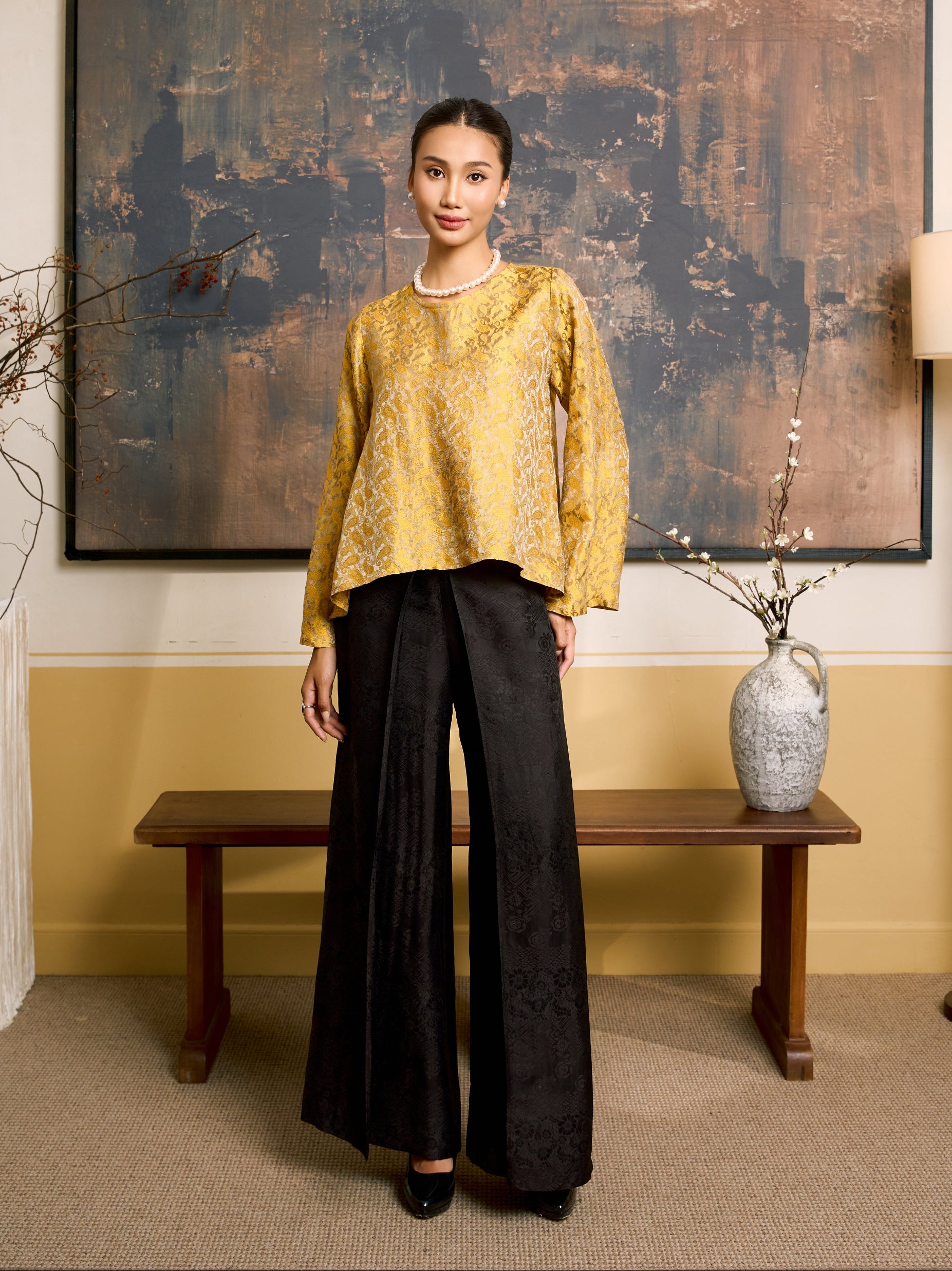 Ophelia black wide-leg silk palazzo trousers, front view