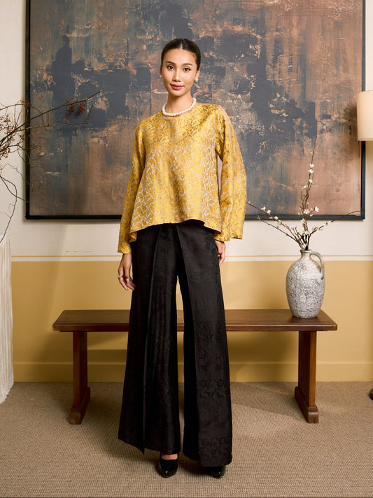 Ophelia black wide-leg silk palazzo trousers, front view