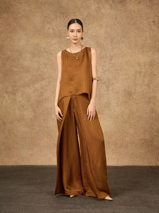 Ophelia bronze gold wide-leg silk palazzo trousers styled as a co-ord