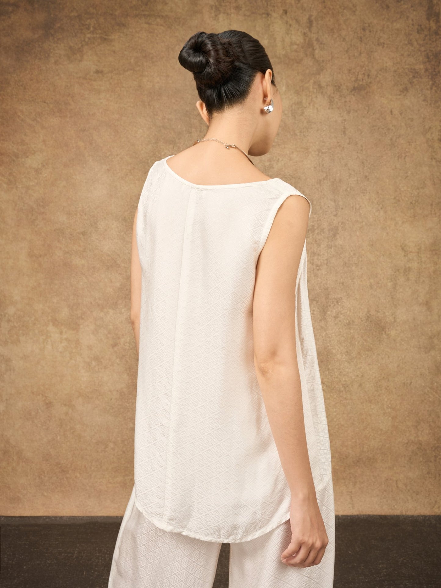 Ophelia ivory mist draped silk shell top, shown from the side
