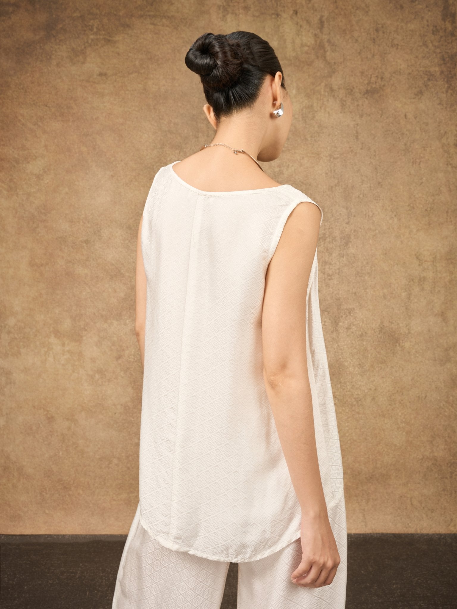 Ophelia ivory mist draped silk shell top, shown from the side