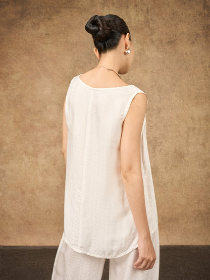 Ophelia ivory mist draped silk shell top, shown from the side