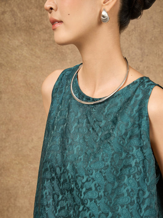 Detail of the Ophelia teal dynasty draped silk shell top