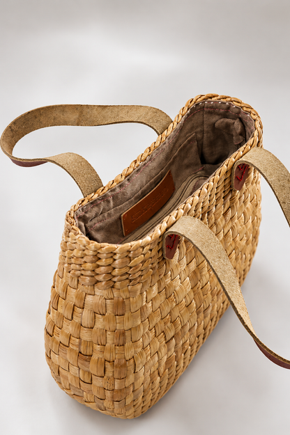 Camellia Mini Tote – Handwoven Water Hyacinth - Leather Straps