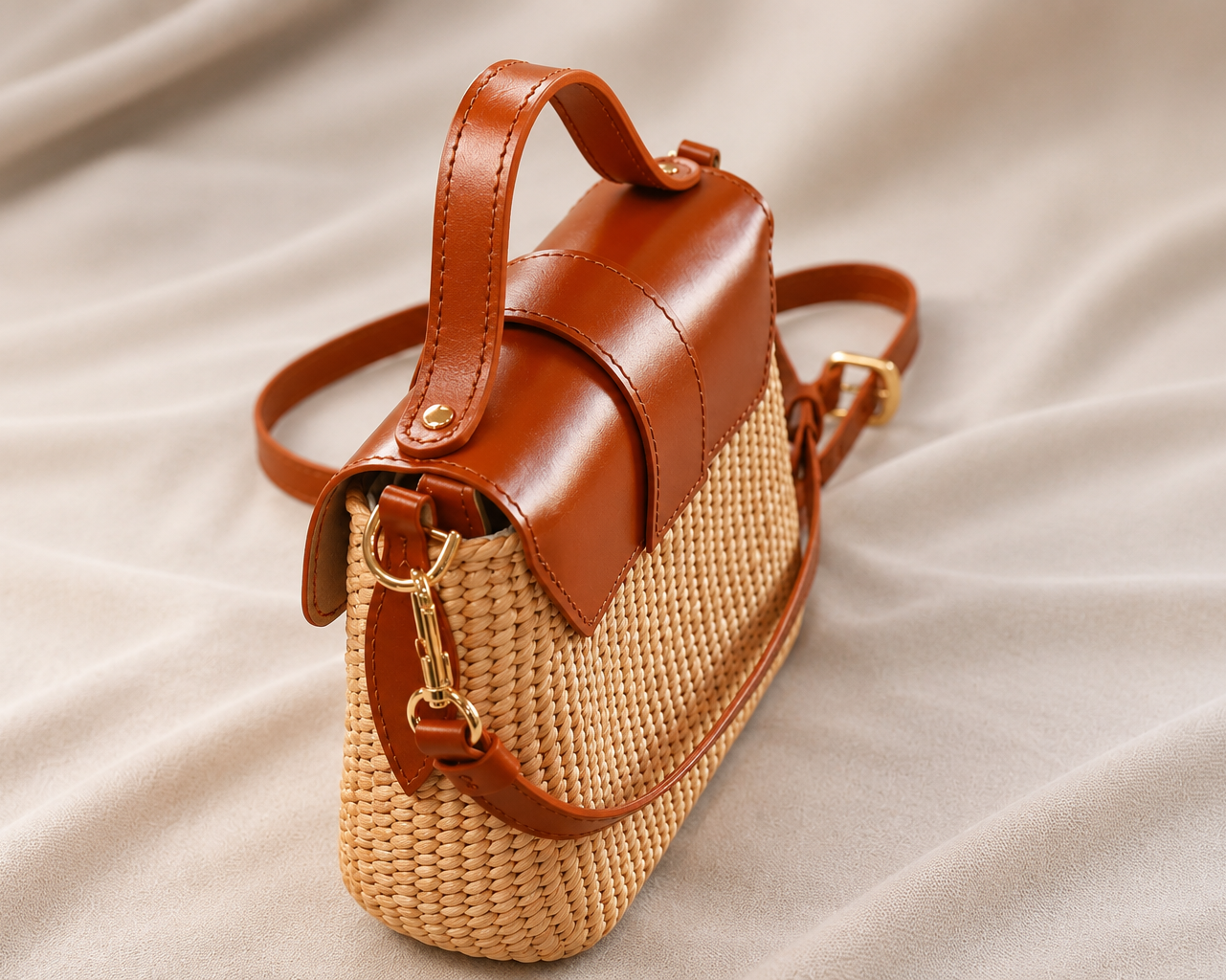 Muse Bag – Handwoven Water Hyacinth | Tan Leather Trim