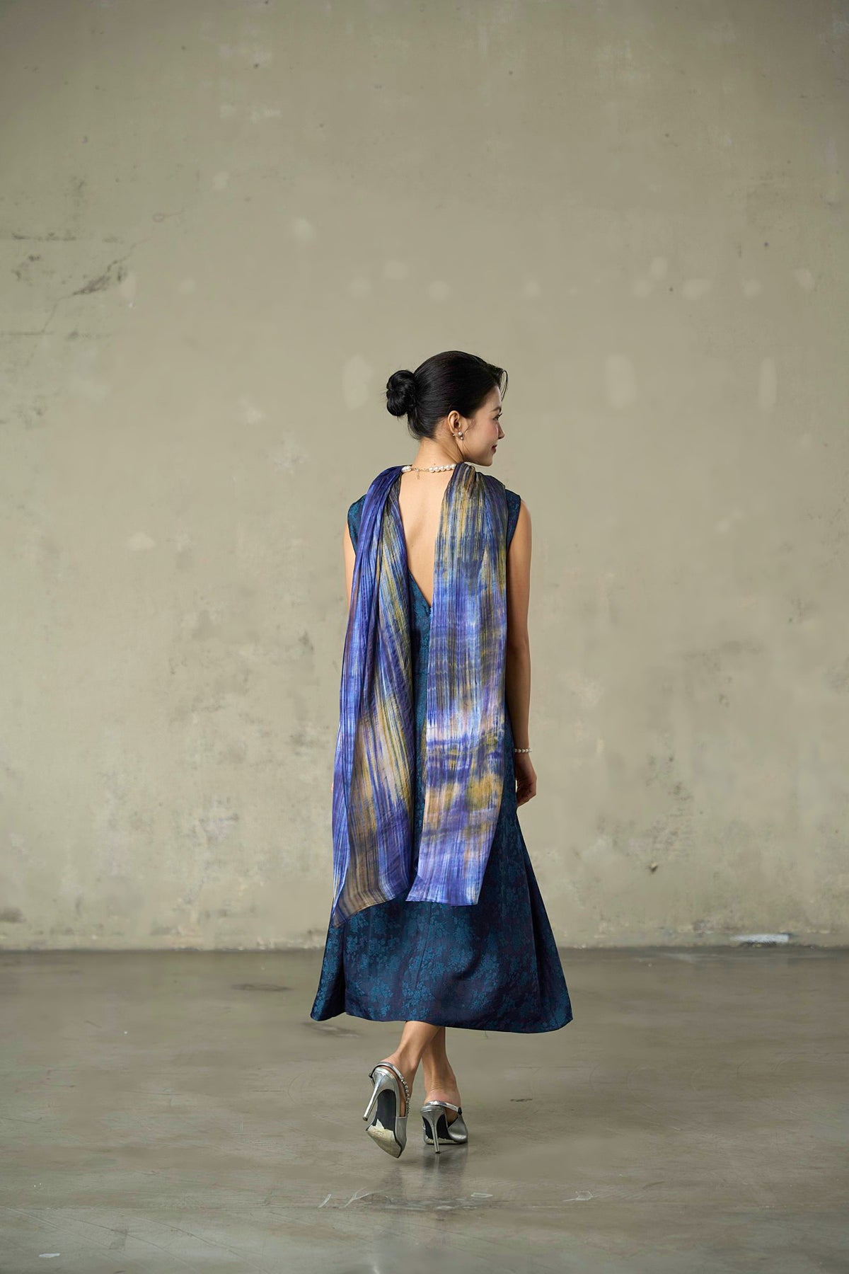 Iris Field silk scarf in movement at full 180cm length