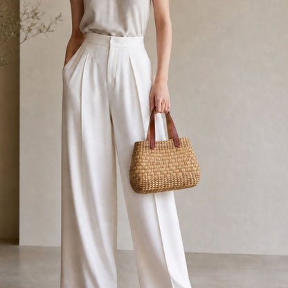 Camellia Mini Tote – Handwoven Water Hyacinth - Leather Straps