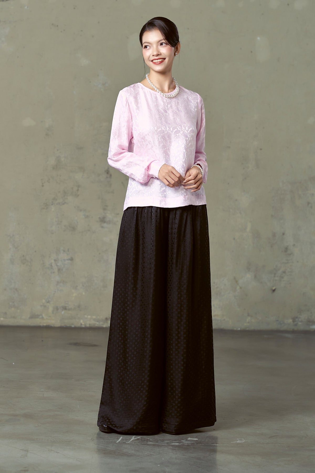 Portia black silk trousers styled with pale pink jacquard blouse
