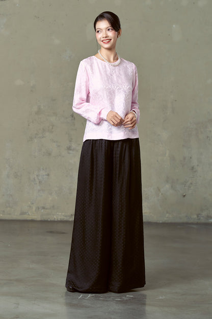 Portia black silk trousers styled with pale pink jacquard blouse