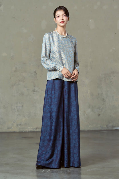 Delft Gold paisley silk blouse worn with Rosalind navy floral silk wide-leg trousers