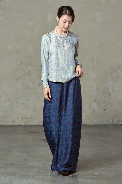 Rosalind navy floral silk trousers styled with Delft Gold paisley jacquard blouse
