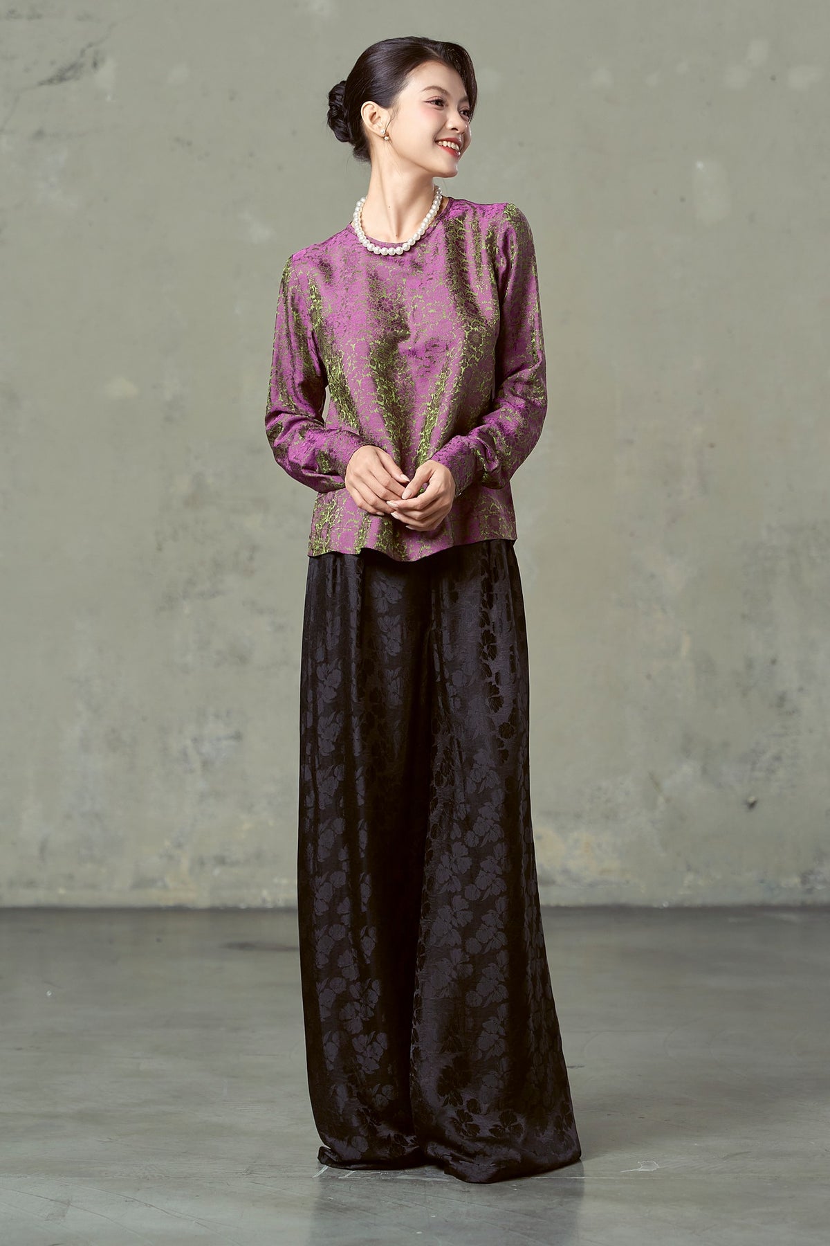 Rosalind black floral silk trousers styled with purple and olive jacquard blouse