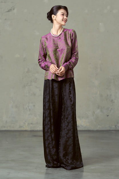 Rosalind black floral silk trousers styled with purple and olive jacquard blouse