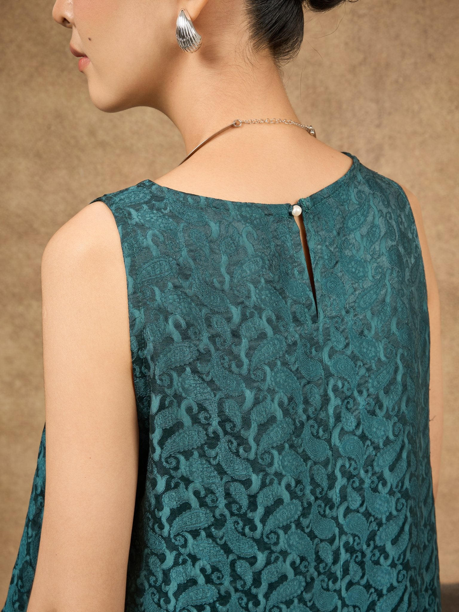 Ophelia teal dynasty draped silk shell top, three-quarter view