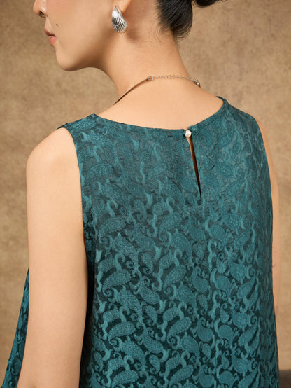 Ophelia teal dynasty draped silk shell top, three-quarter view