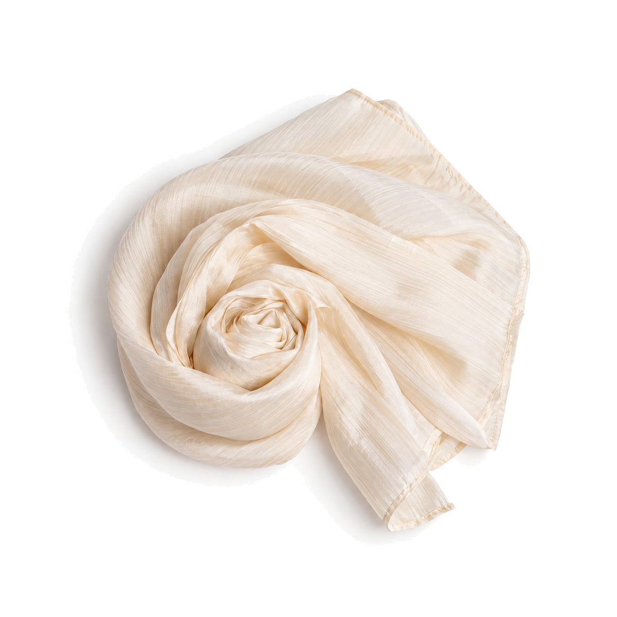 Pale champagne mulberry silk scarf coiled flat on a white background, showing the soft crinkled texture and rolled hem