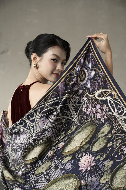 Waterlily House at Night Wool Silk Scarf – Double-Sided Print, Hand-Rolled Hem