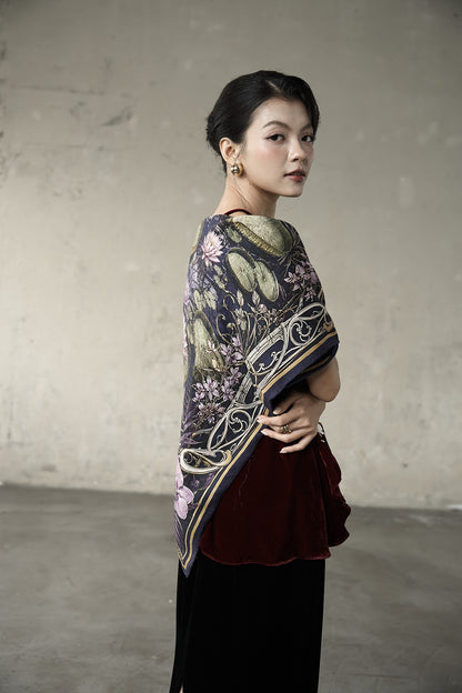 Waterlily House at Night Wool Silk Scarf – Double-Sided Print, Hand-Rolled Hem