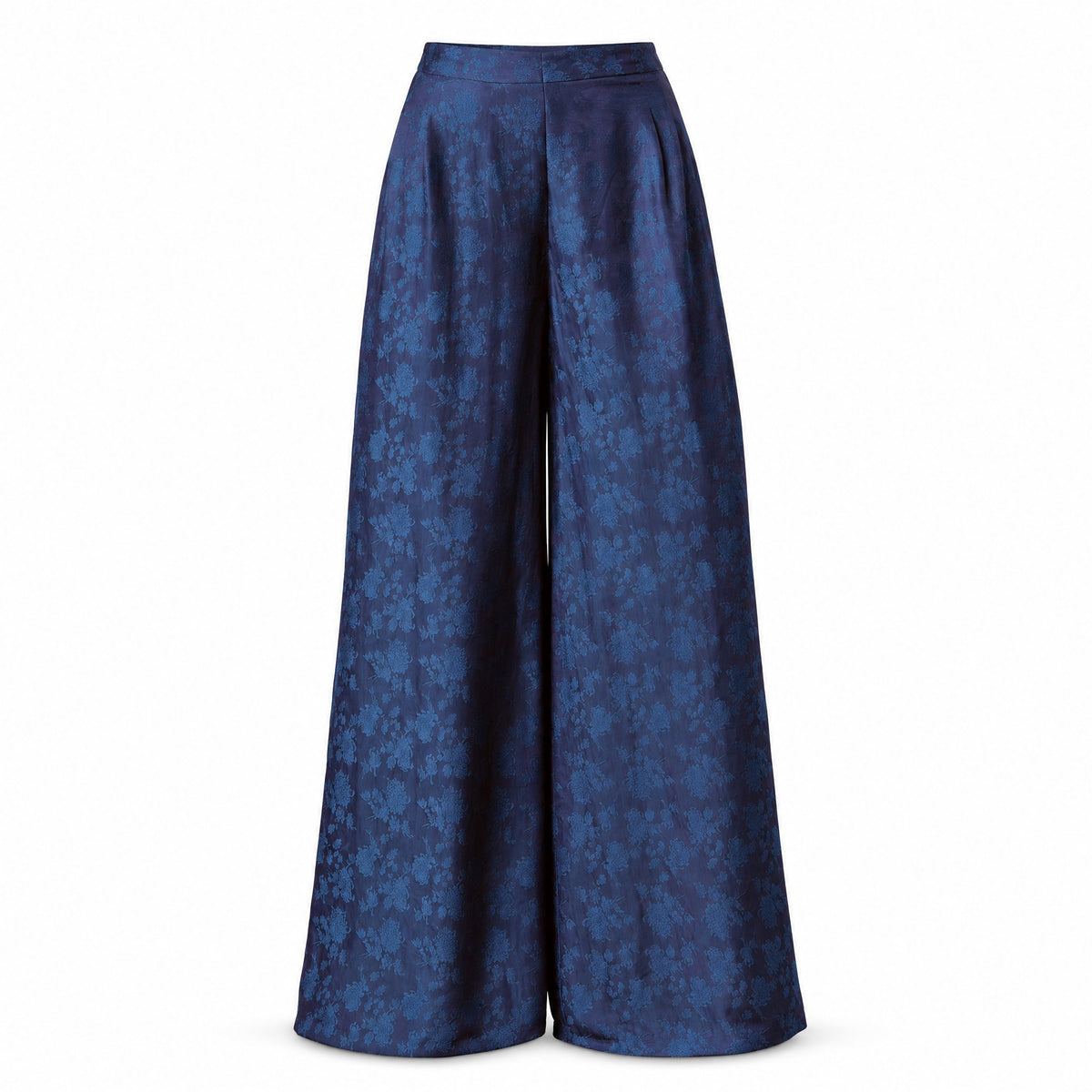 Navy floral silk jacquard wide-leg trousers on white background, front view