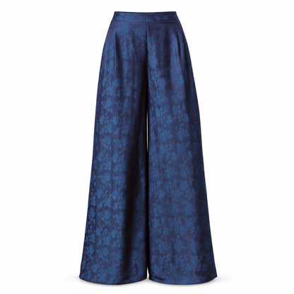Navy floral silk jacquard wide-leg trousers on white background, front view