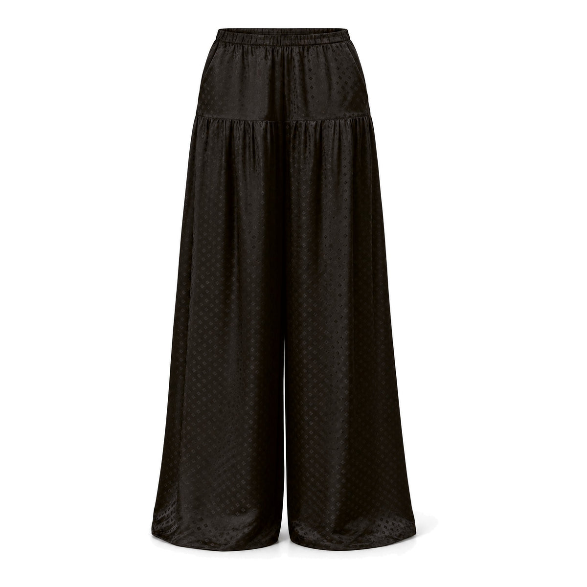 Black diamond-dot silk jacquard wide-leg trousers with gathered hip yoke on white background, front view