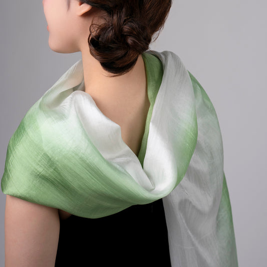 Hand-Dyed Mulberry Silk Scarf – Green & White Ombre | Lightweight Sheer Shawl | Luxury Gift for Women