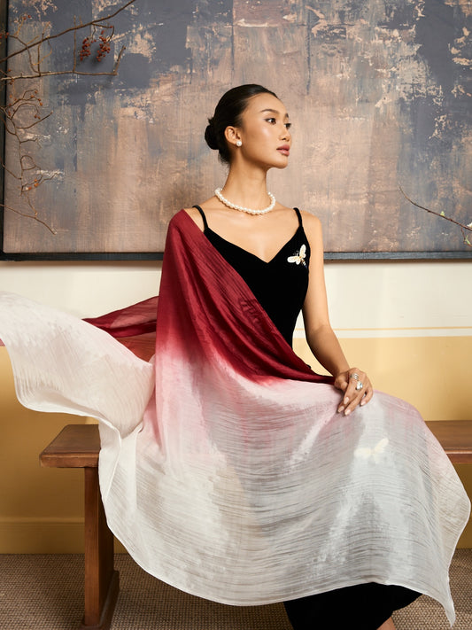 Burgundy Ombre Silk Scarf – Hand-Dyed Mulberry Silk Shawl, Lightweight Elegant Wrap