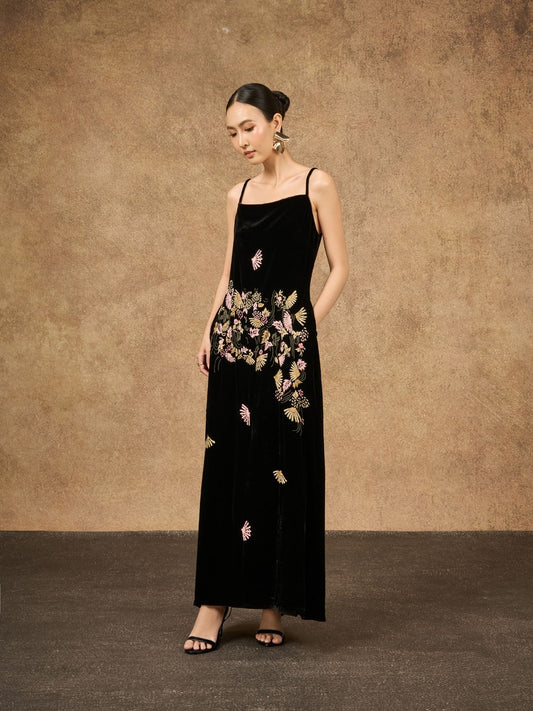 Hand-Embroidered Black Fan-Motif Silk Velvet Evening Dress