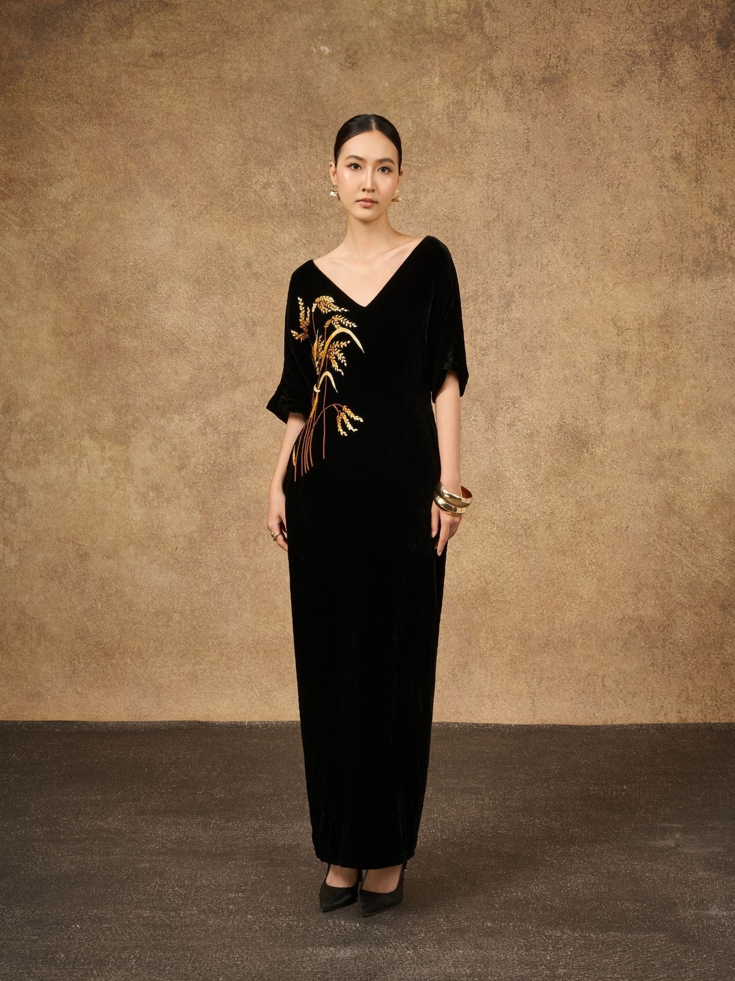 Black & Gold Hand-Embroidered Silk Velvet Dress