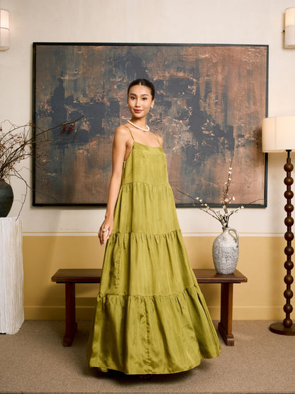 Valentina Olive Gold 100% Habotai Silk Tiered Maxi Dress