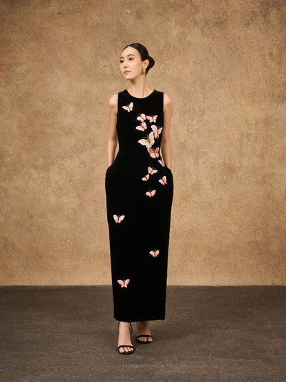 Hand-Embroidered Black Butterfly Silk Velvet Evening Dress