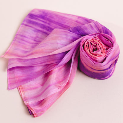 Hand-Dyed Pink & Violet Mulberry Silk Scarf – Naturally Dyed Habotai Silk, Lightweight & Luxurious Gift