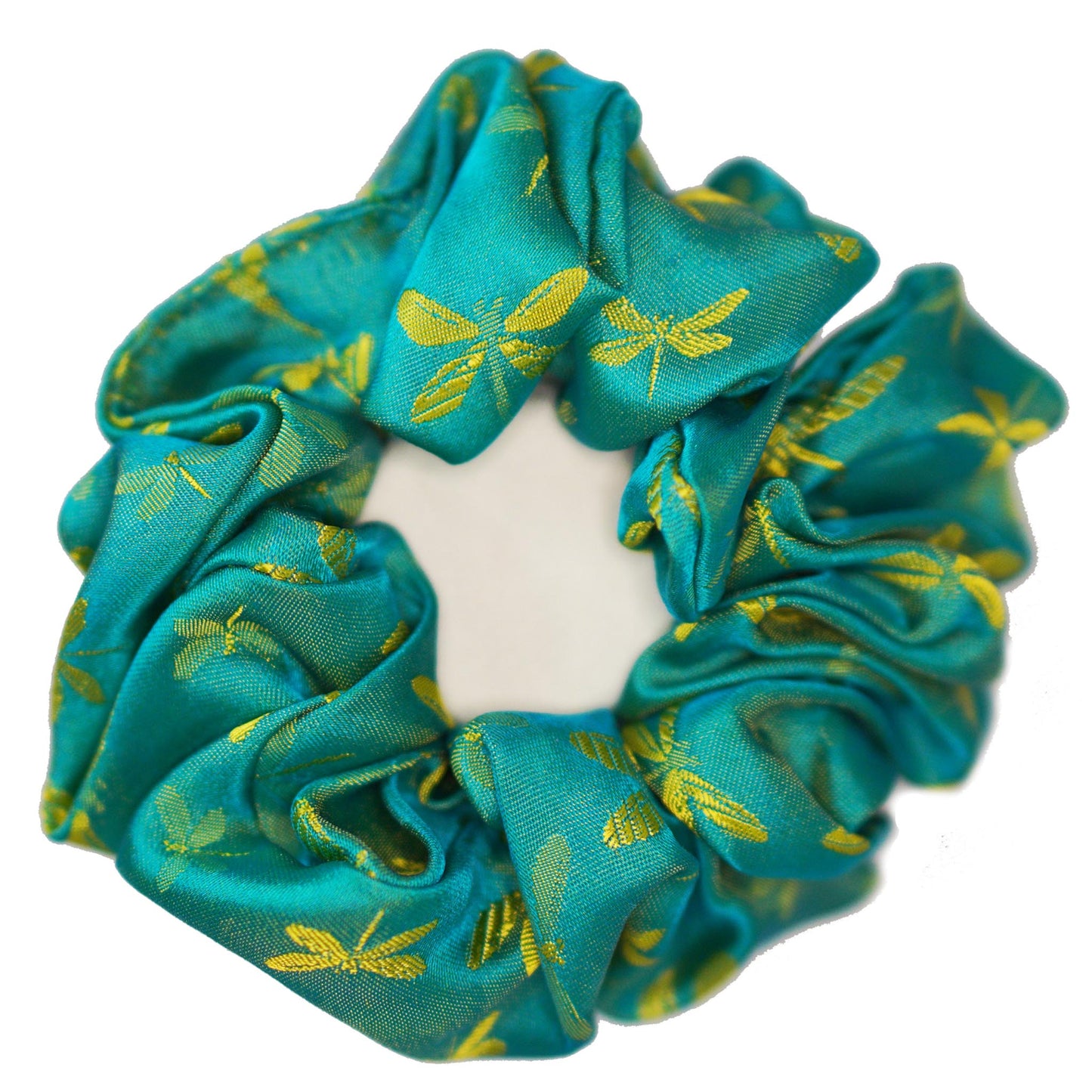 Light dragonflies silk jacquard scrunchies, shown as a set of three
