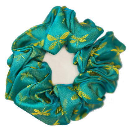 Light dragonflies silk jacquard scrunchies, shown as a set of three