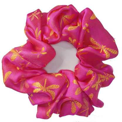 Dragonflies silk jacquard scrunchie in light tones, worn in the hair