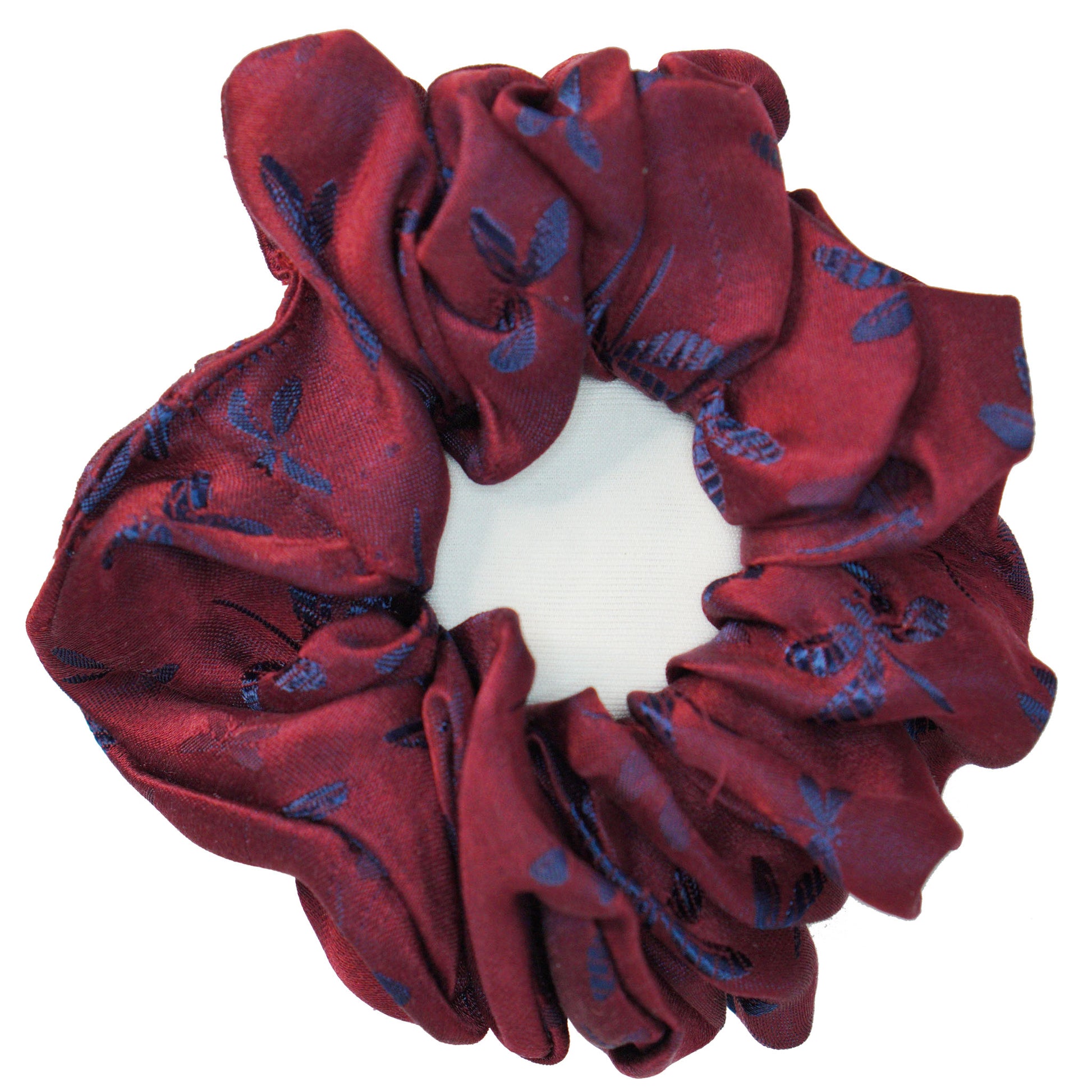 Dragonflies silk jacquard scrunchie in dark tones, worn in the hair